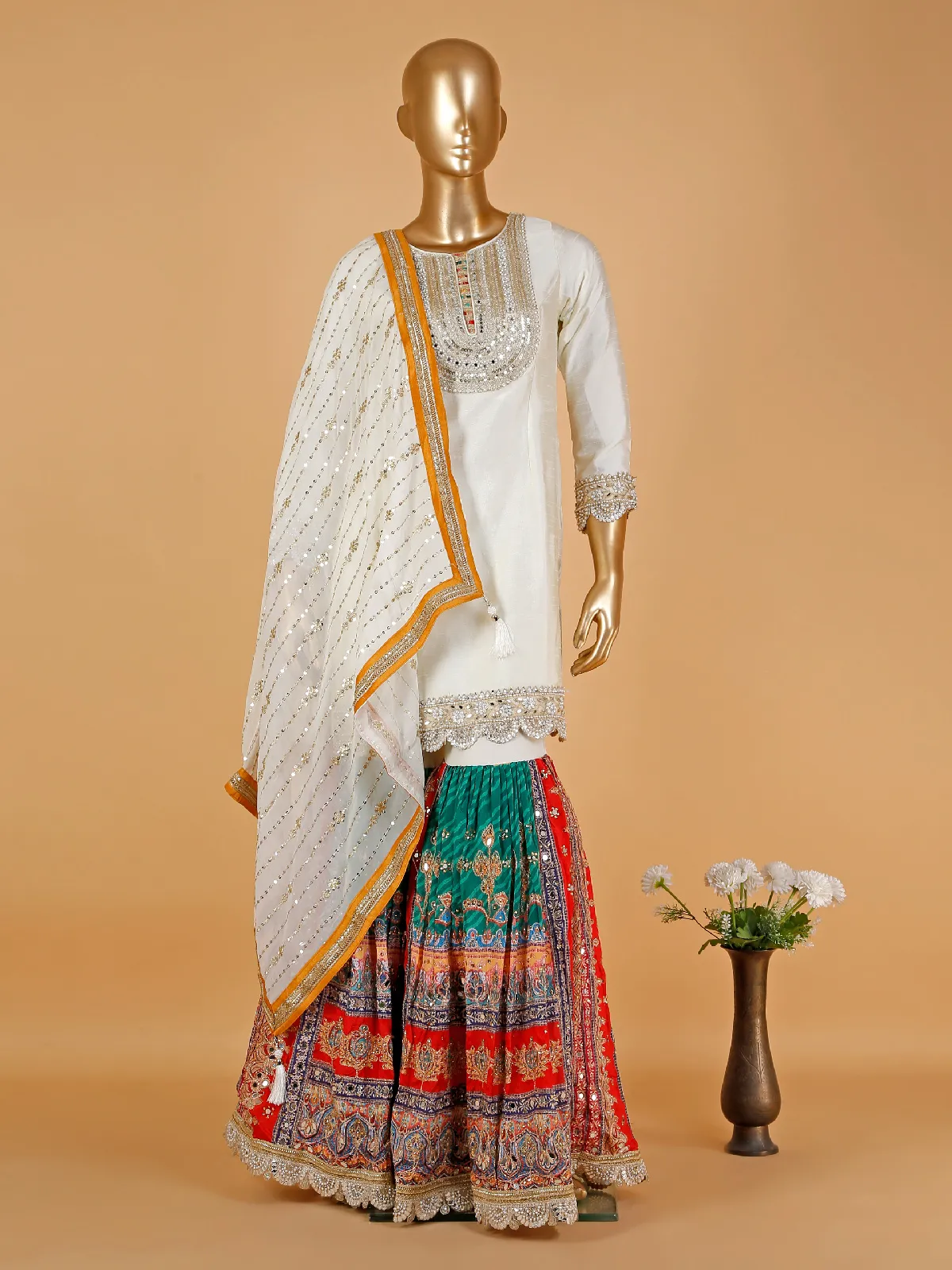 Stunning white silk sharara suit