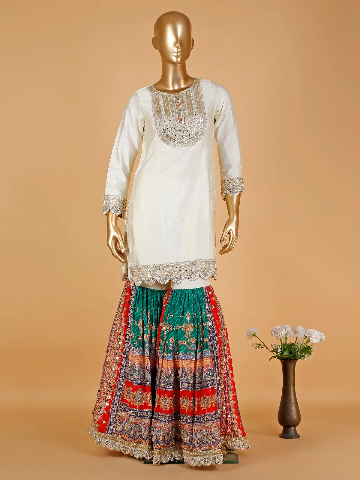 Stunning white silk sharara suit