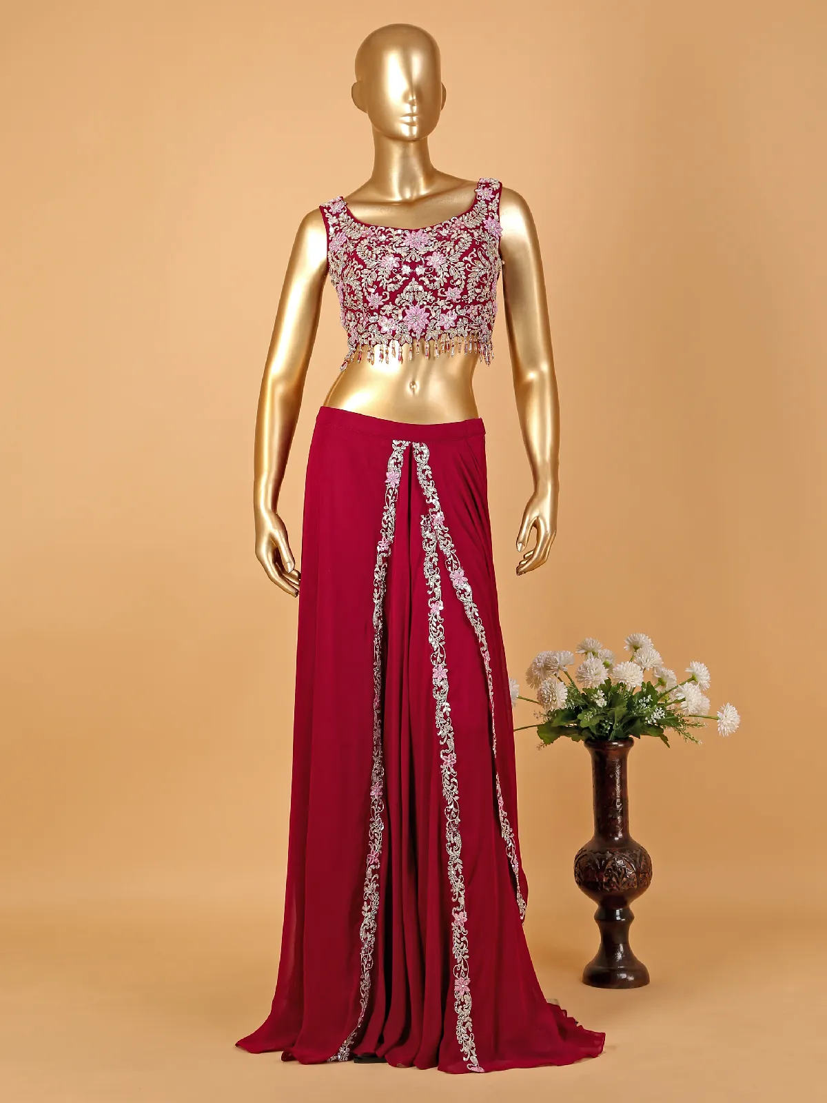 Stunning wine georgette ready-to-wear saree