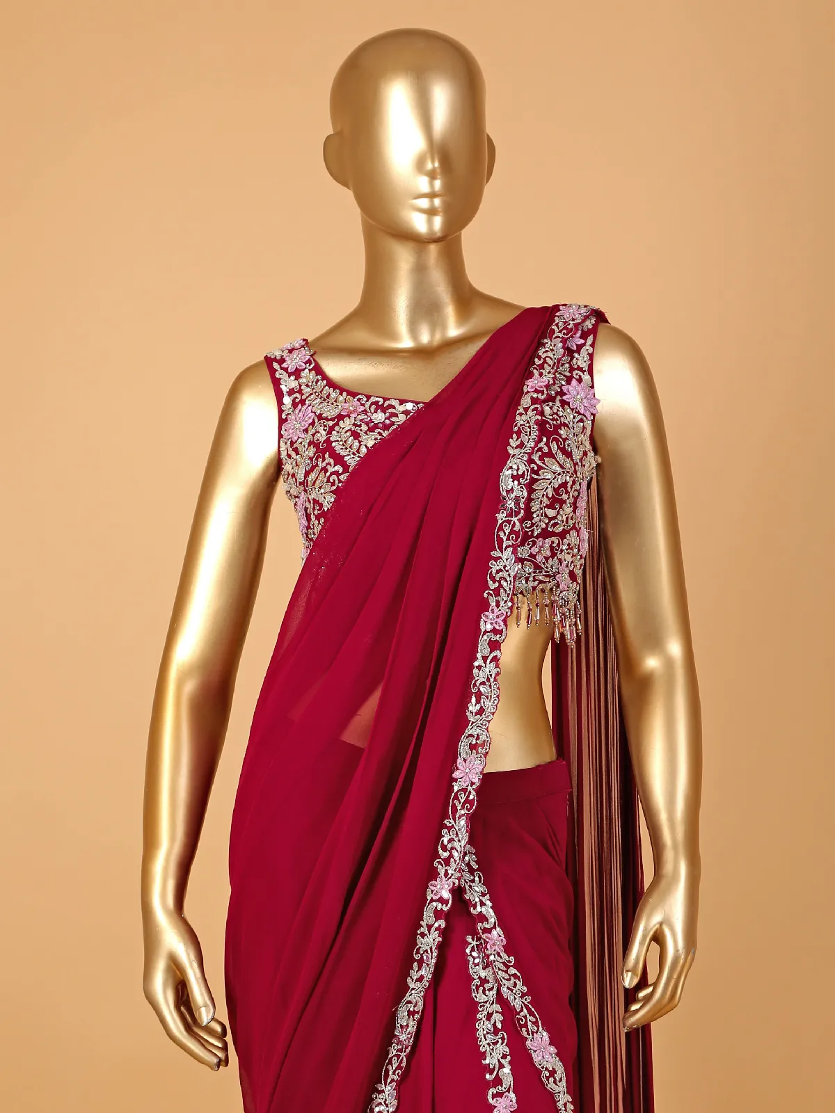 Stunning wine georgette ready-to-wear saree