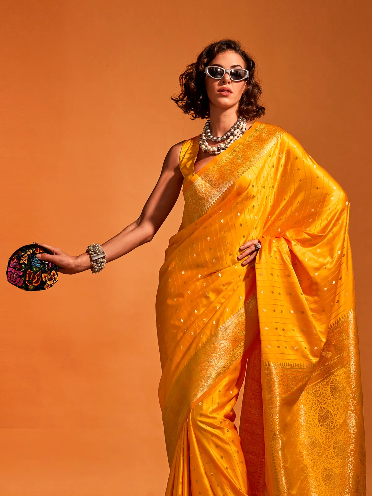 Stunning yellow satin silk saree