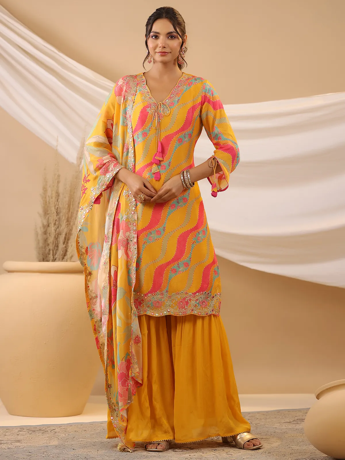 Stunning yellow silk sharara set