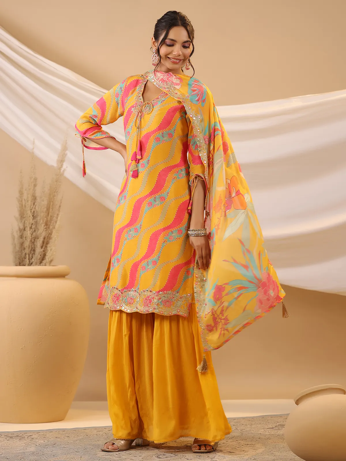 Stunning yellow silk sharara set