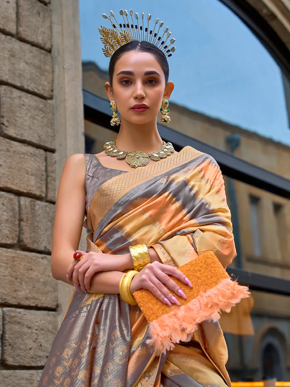 Stunning yellow zari weaving saree