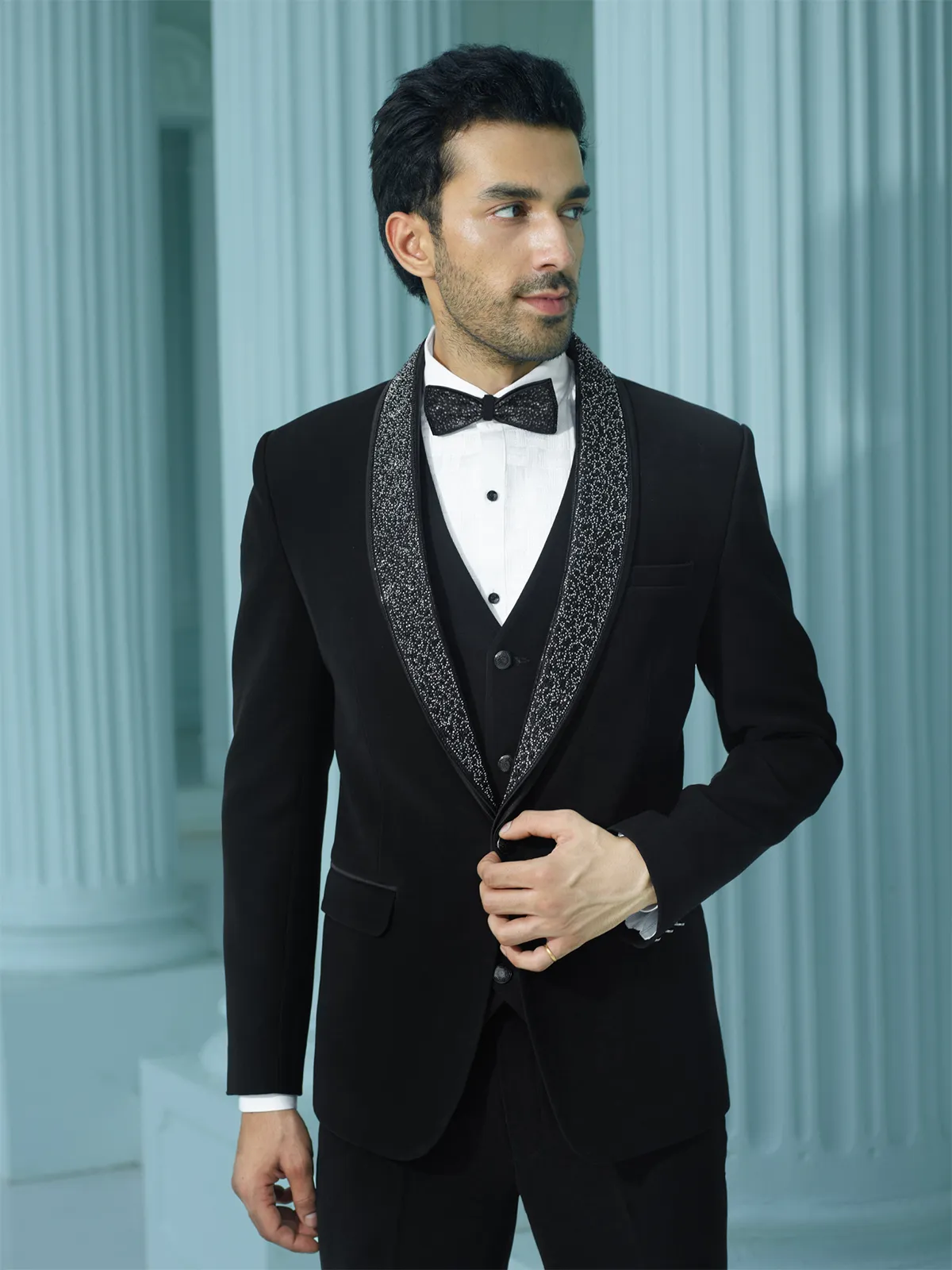 Stylish black coat suit in velvet