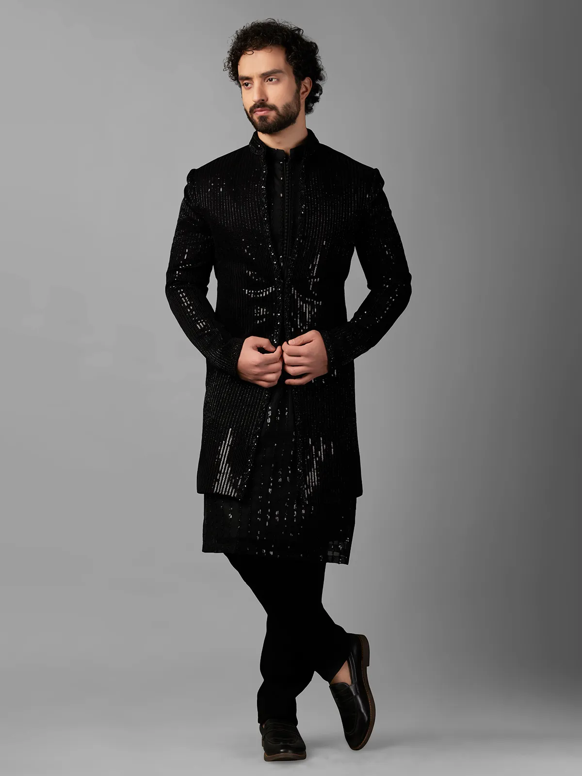 Stylish black indowestern in velvet