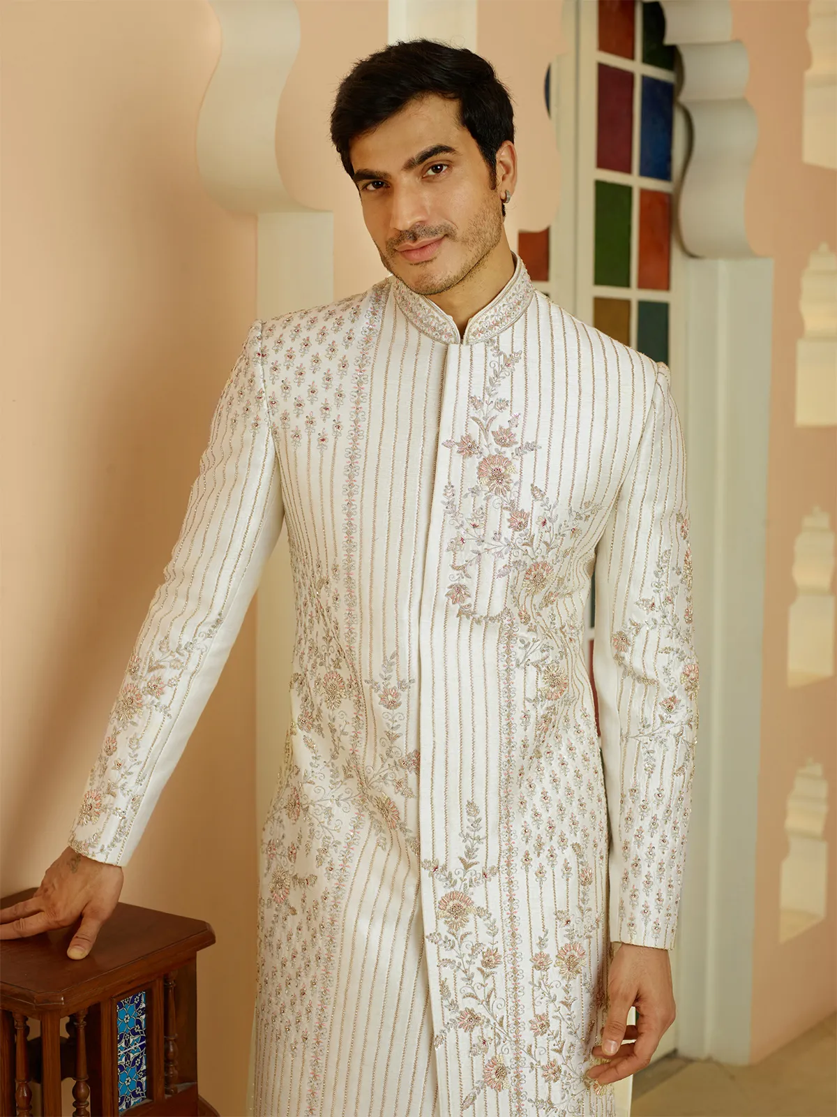 Stylish cream groom sherwani