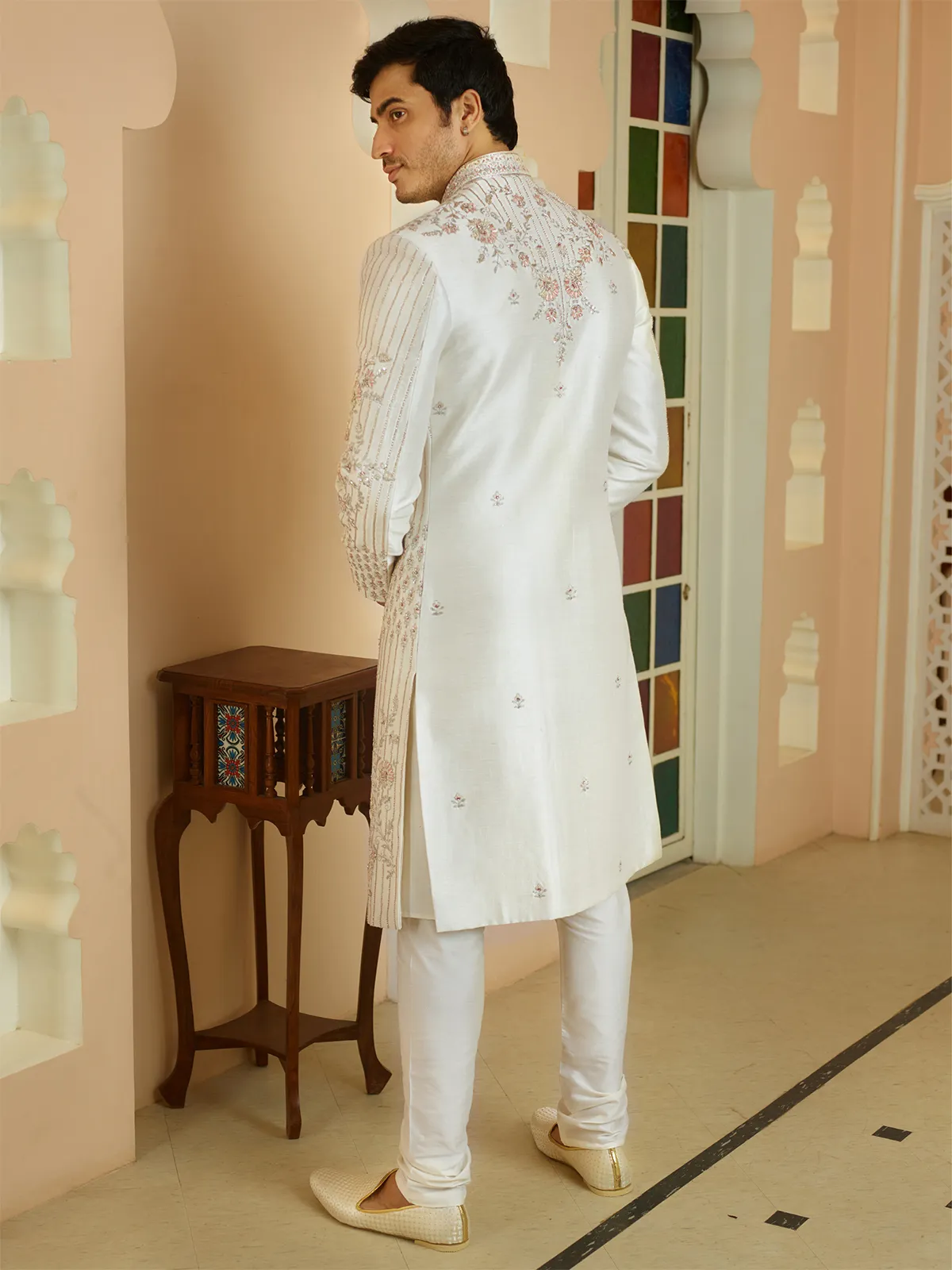 Stylish cream groom sherwani