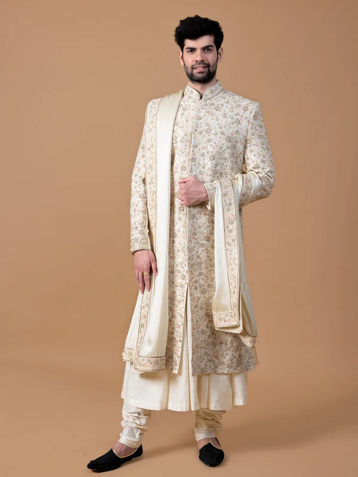 Stylish cream raw silk groom sherwani