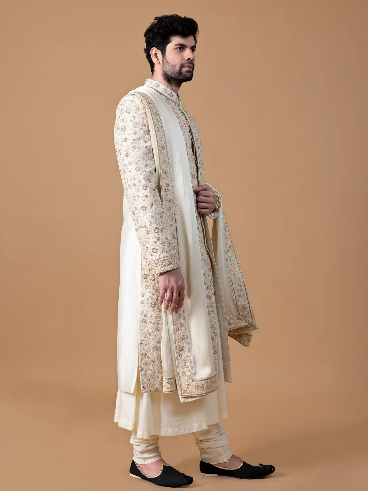 Stylish cream raw silk groom sherwani