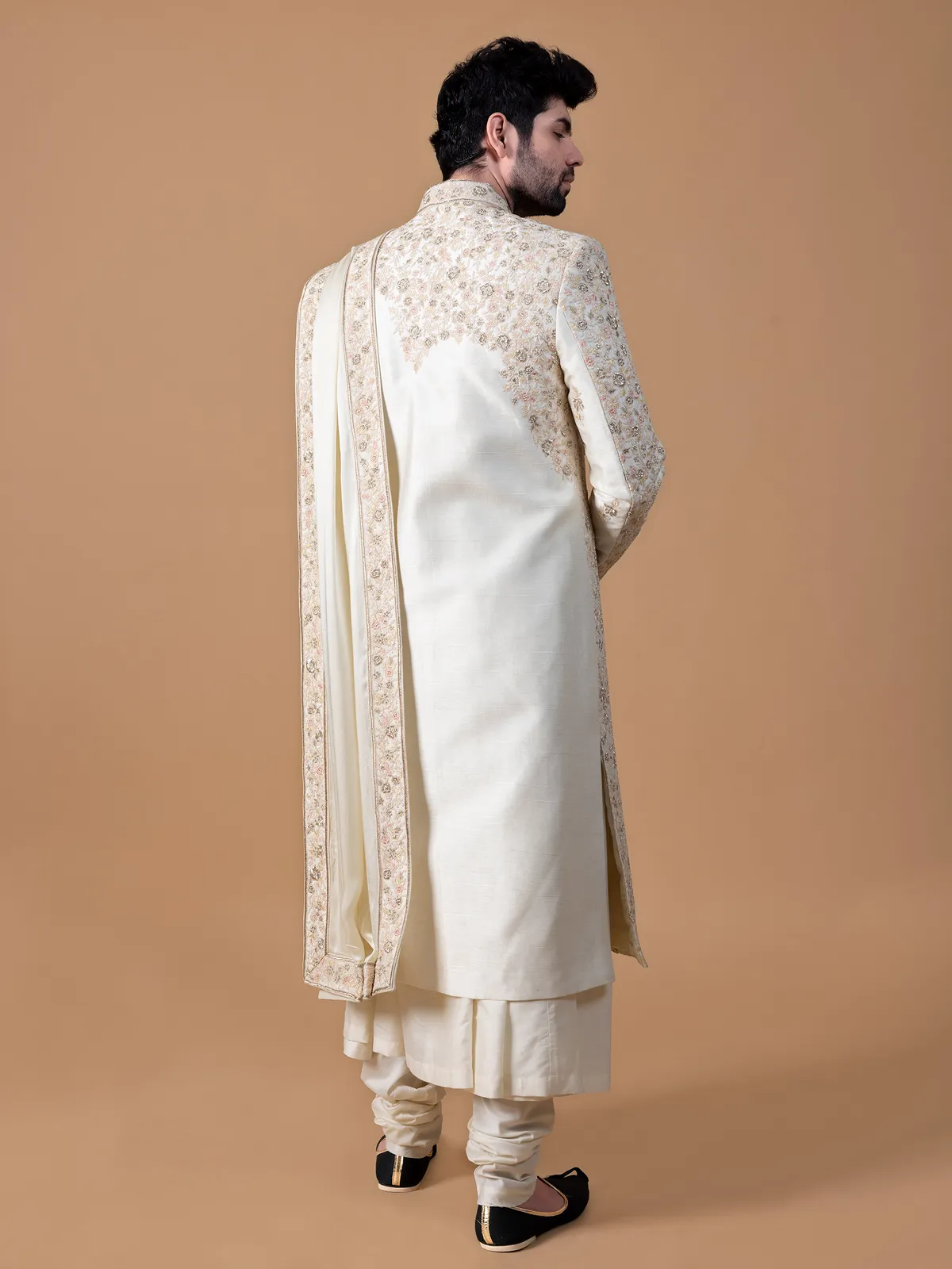 Stylish cream raw silk groom sherwani