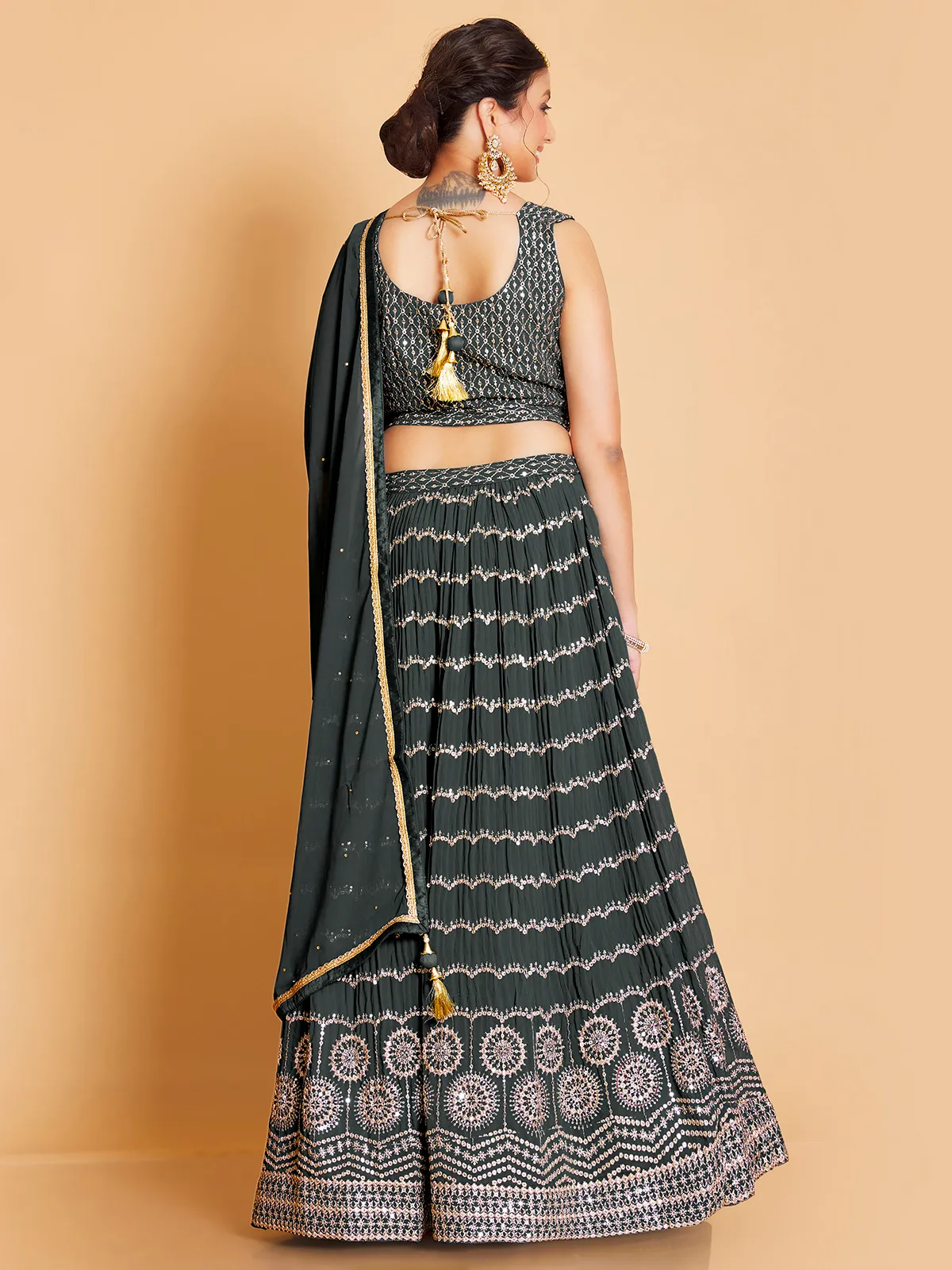 Stylish dark green georgette lehenga choli