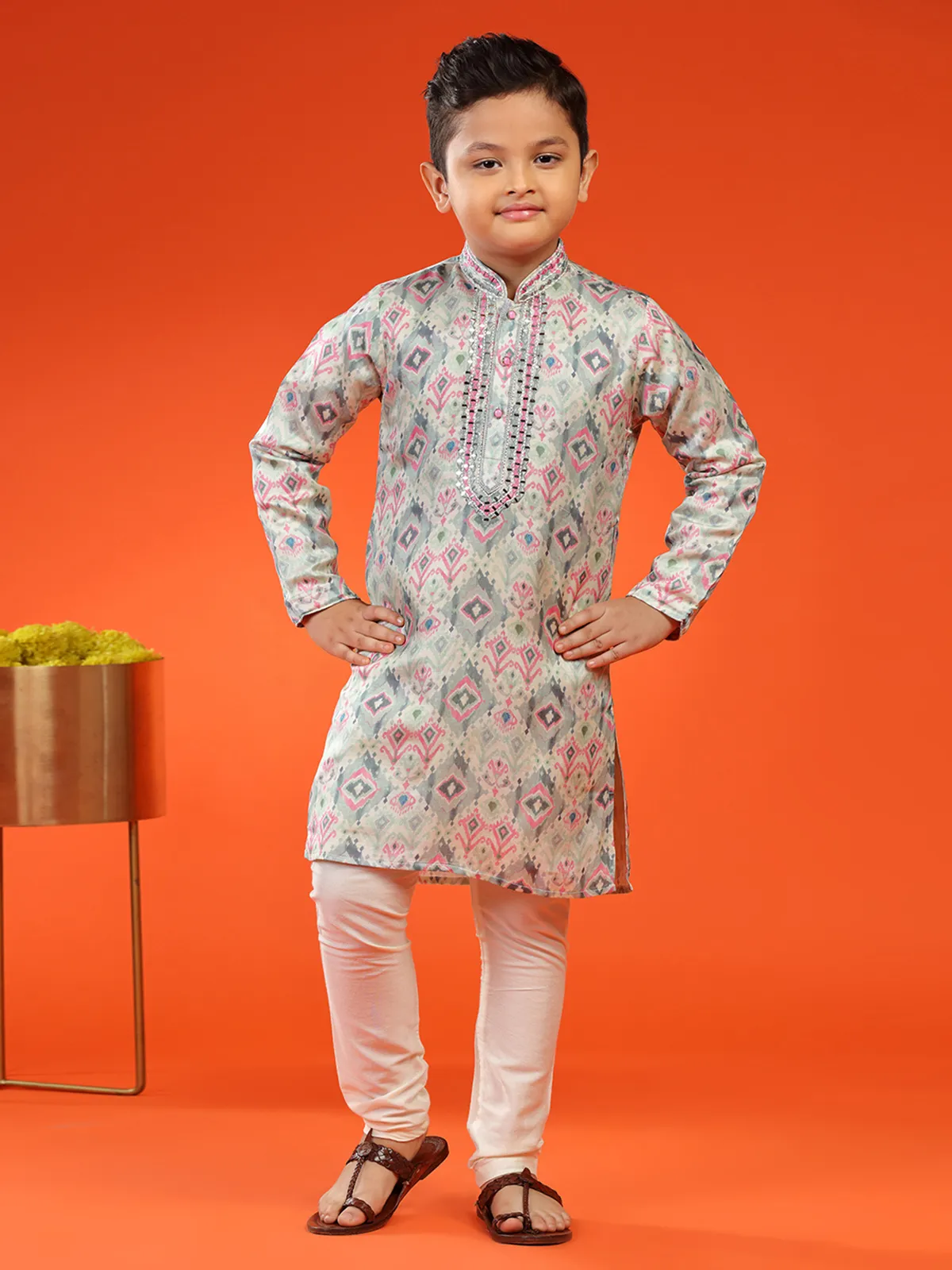 Stylish grey printed silk kurta suit