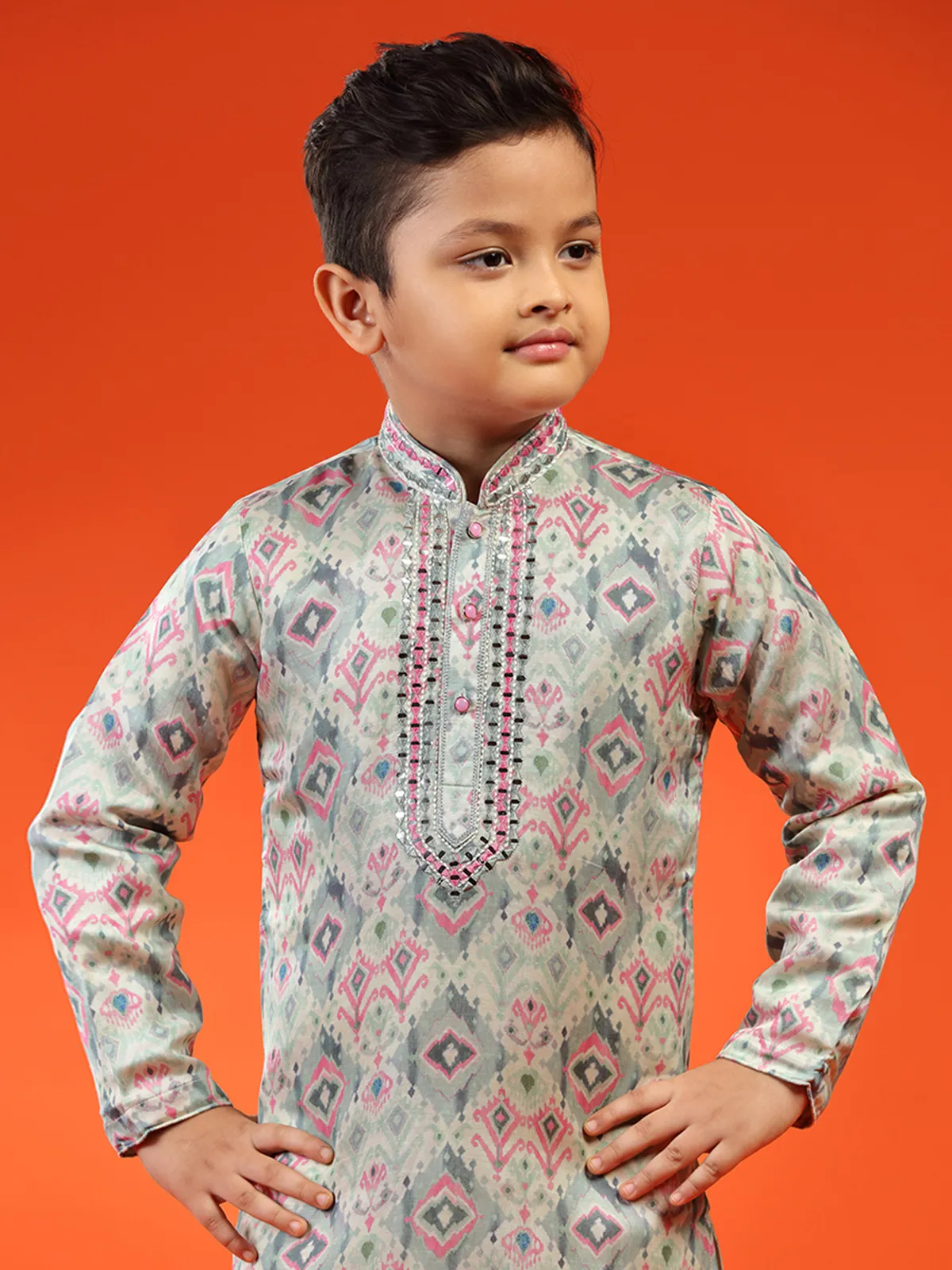 Stylish grey printed silk kurta suit