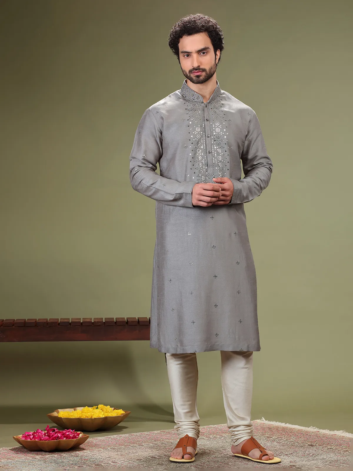 Stylish grey silk kurta suit