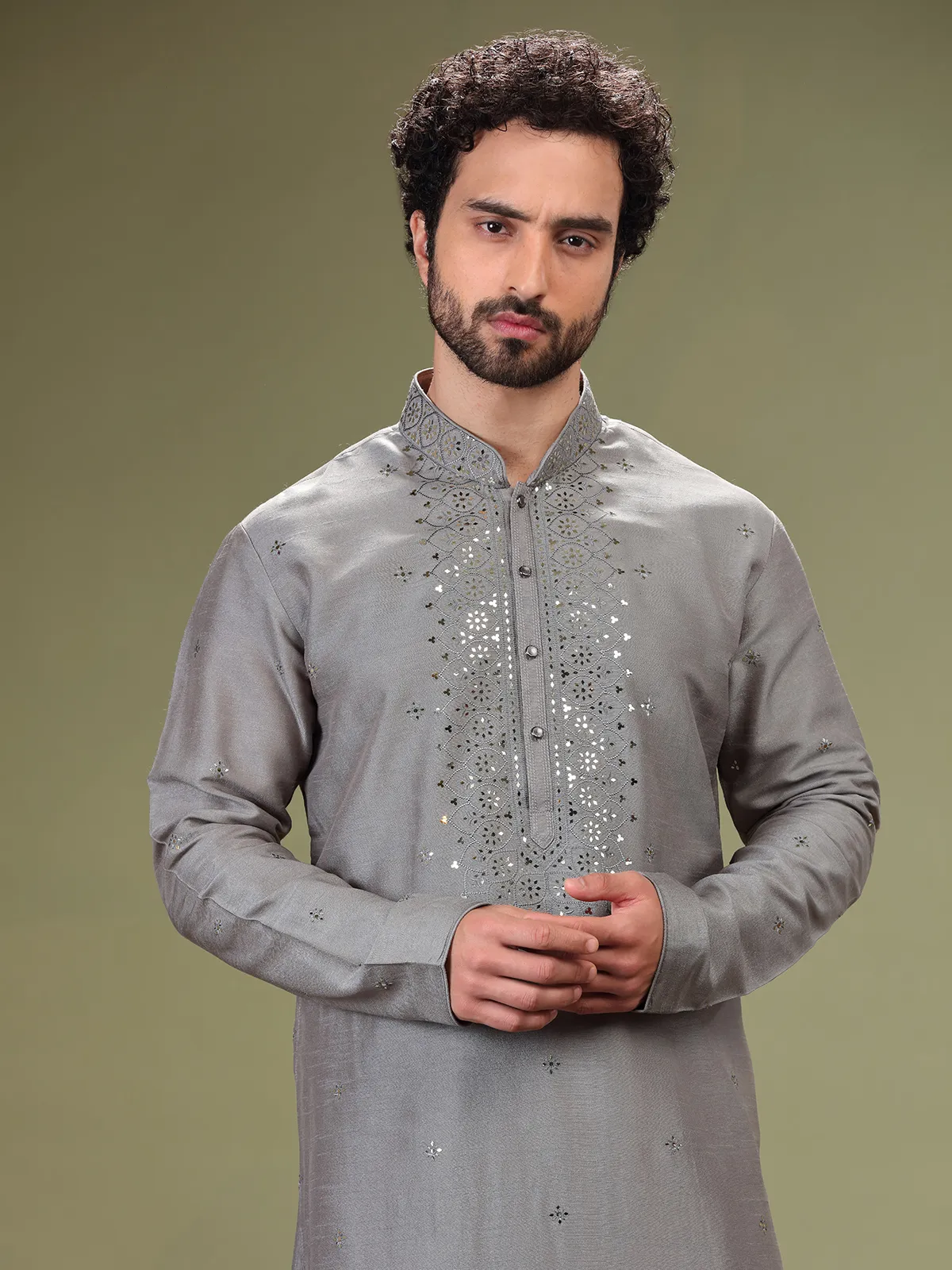 Stylish grey silk  Men Kurta pajama