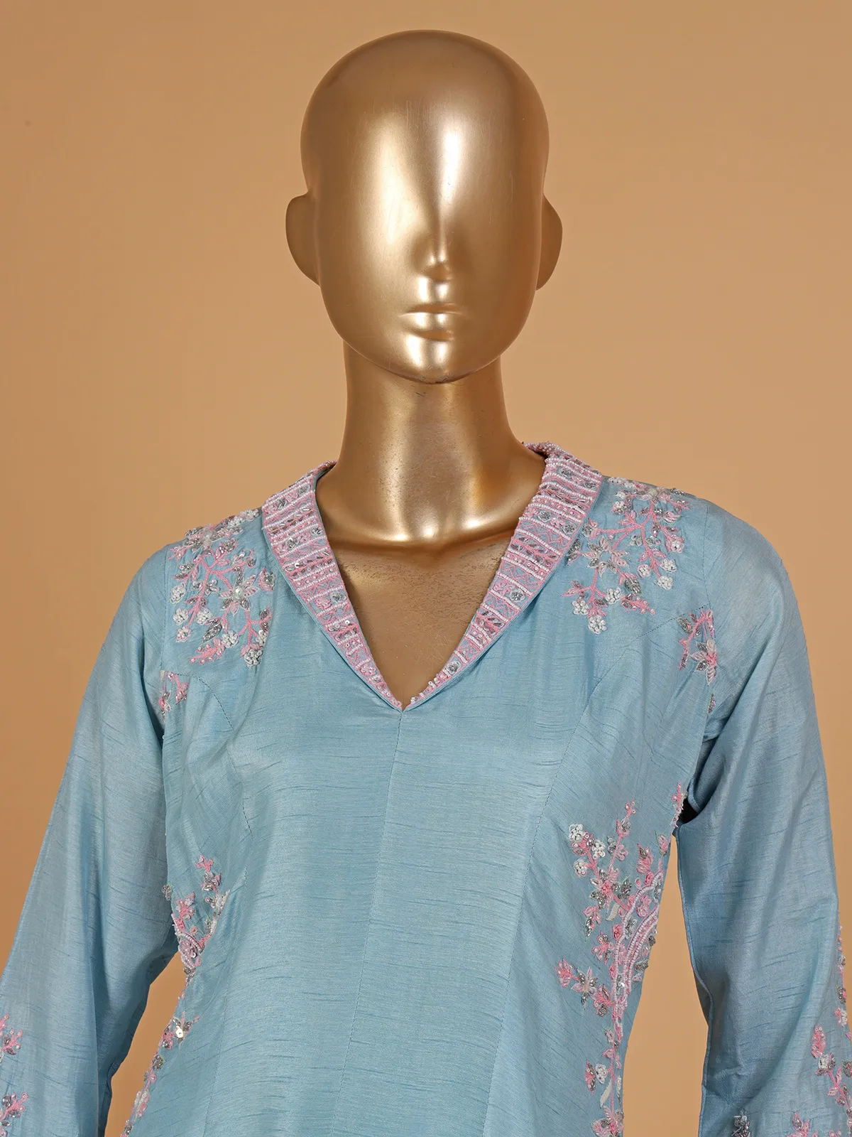 Stylish light blue raw silk palazzo suit