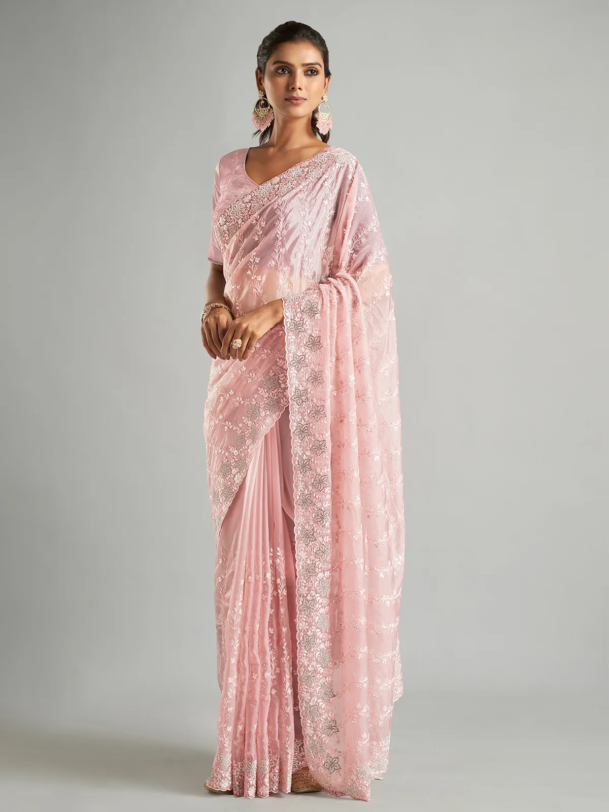 Stylish light pink organza saree