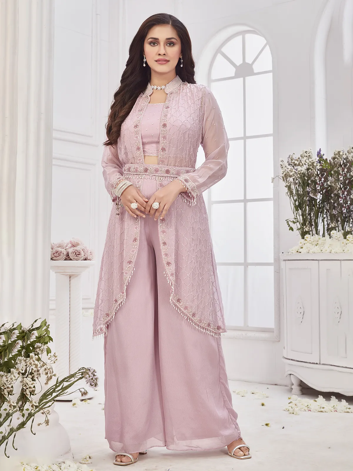 Stylish light pink palazzo suit