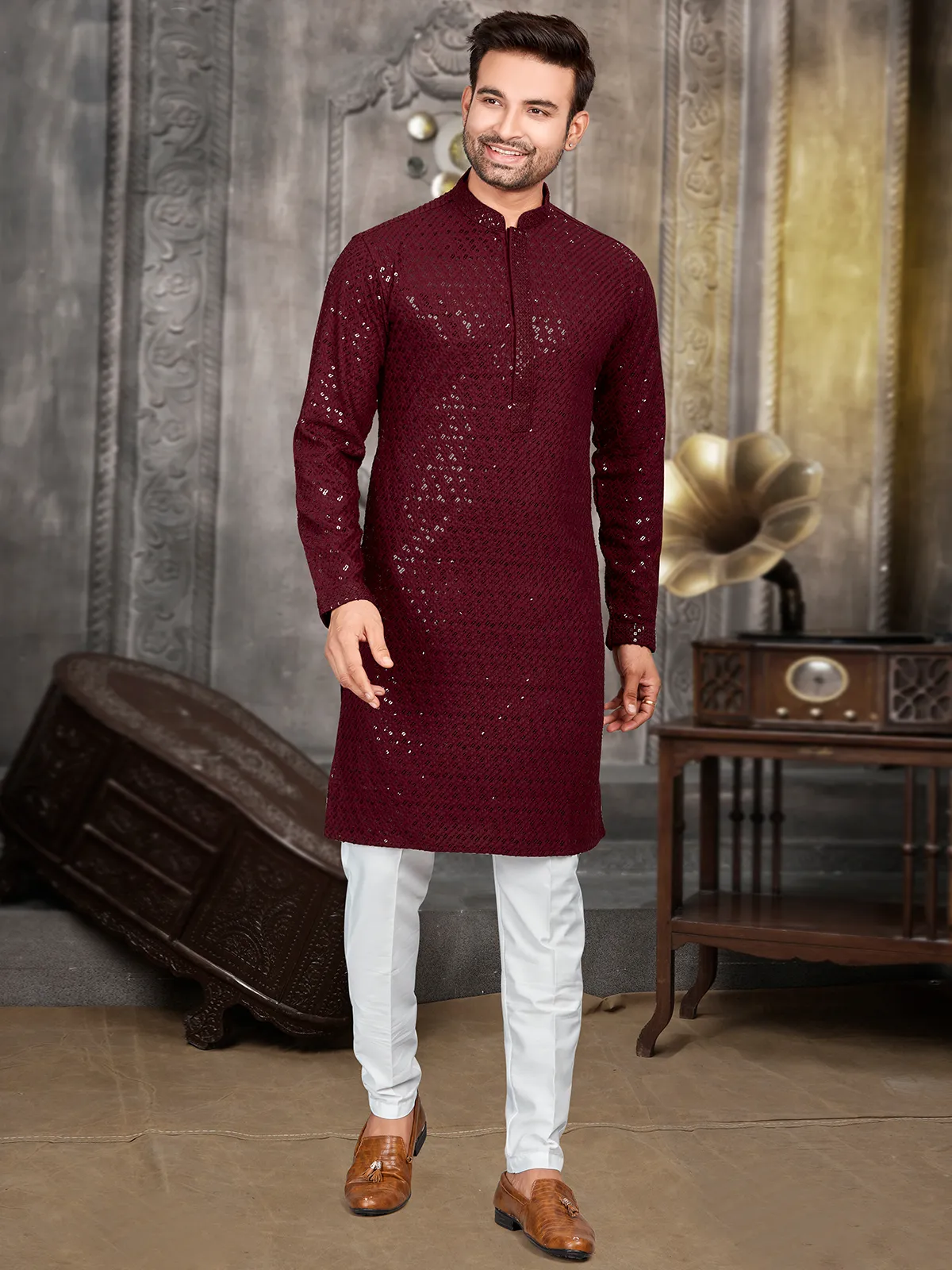 Stylish maroon cotton  Men Kurta pajama