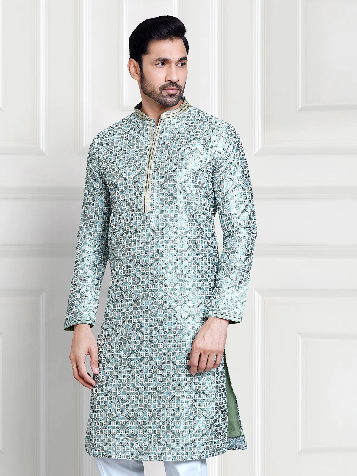 Stylish mint green printed silk  Men Kurta pajama