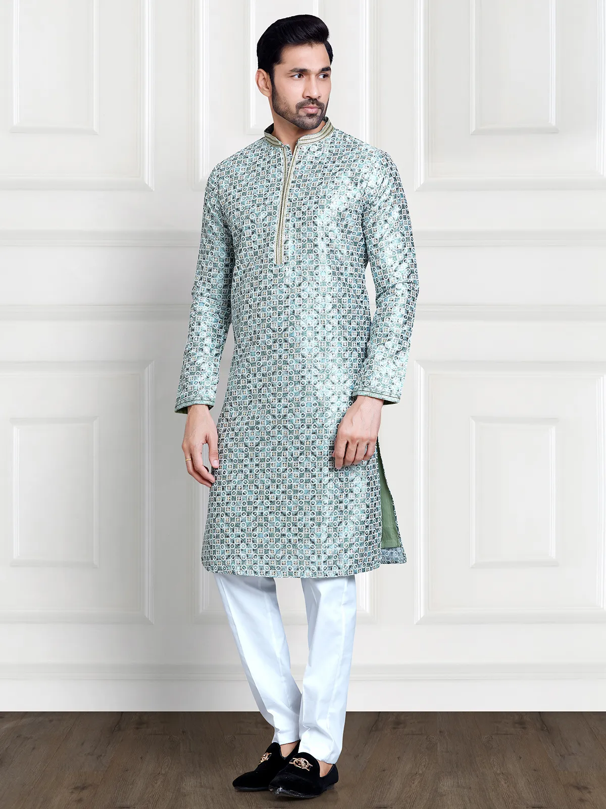 Stylish mint green printed silk  Men Kurta pajama