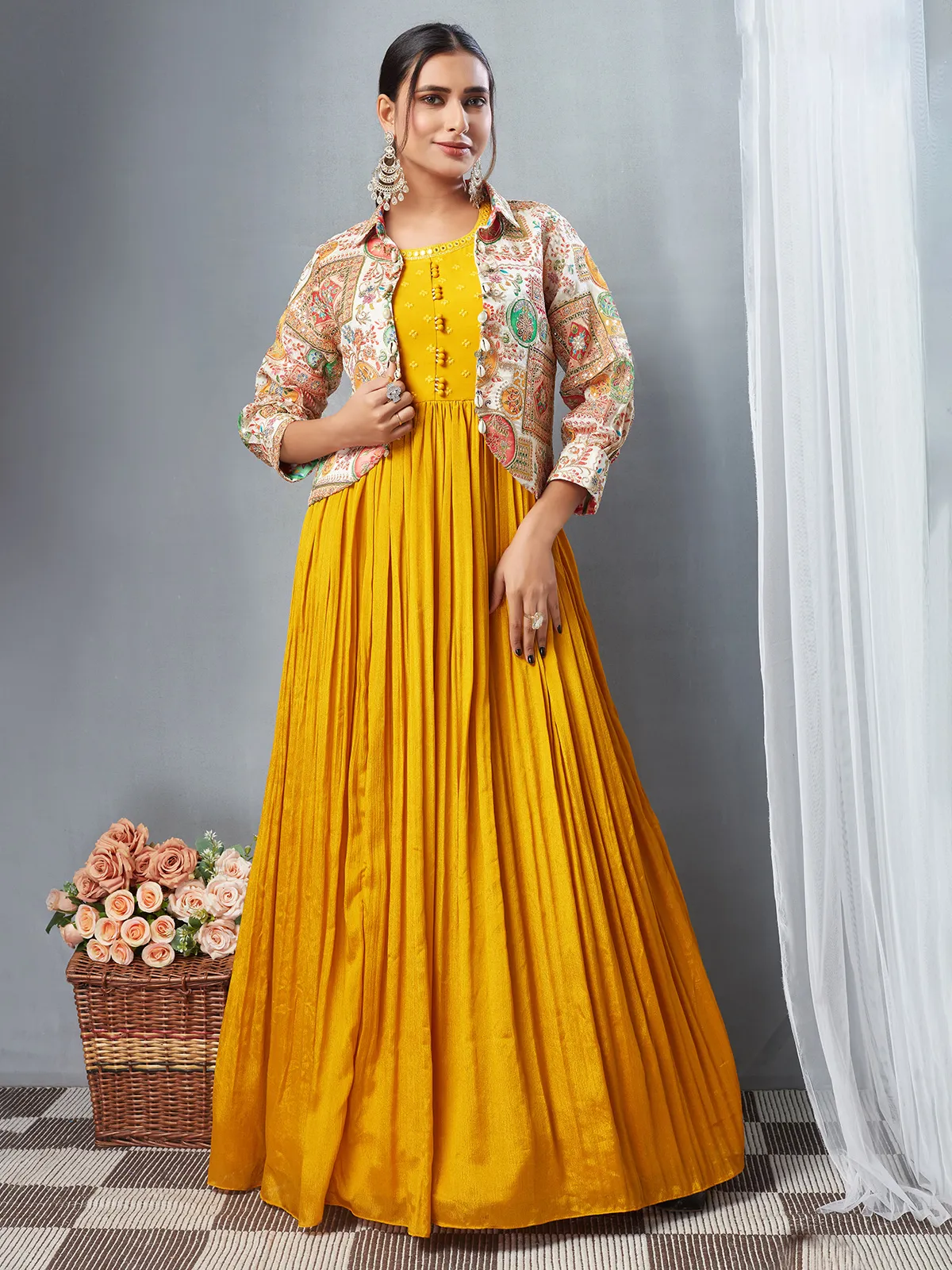 Stylish mustard yellow jacket style anarkali suit G3 WSS41825