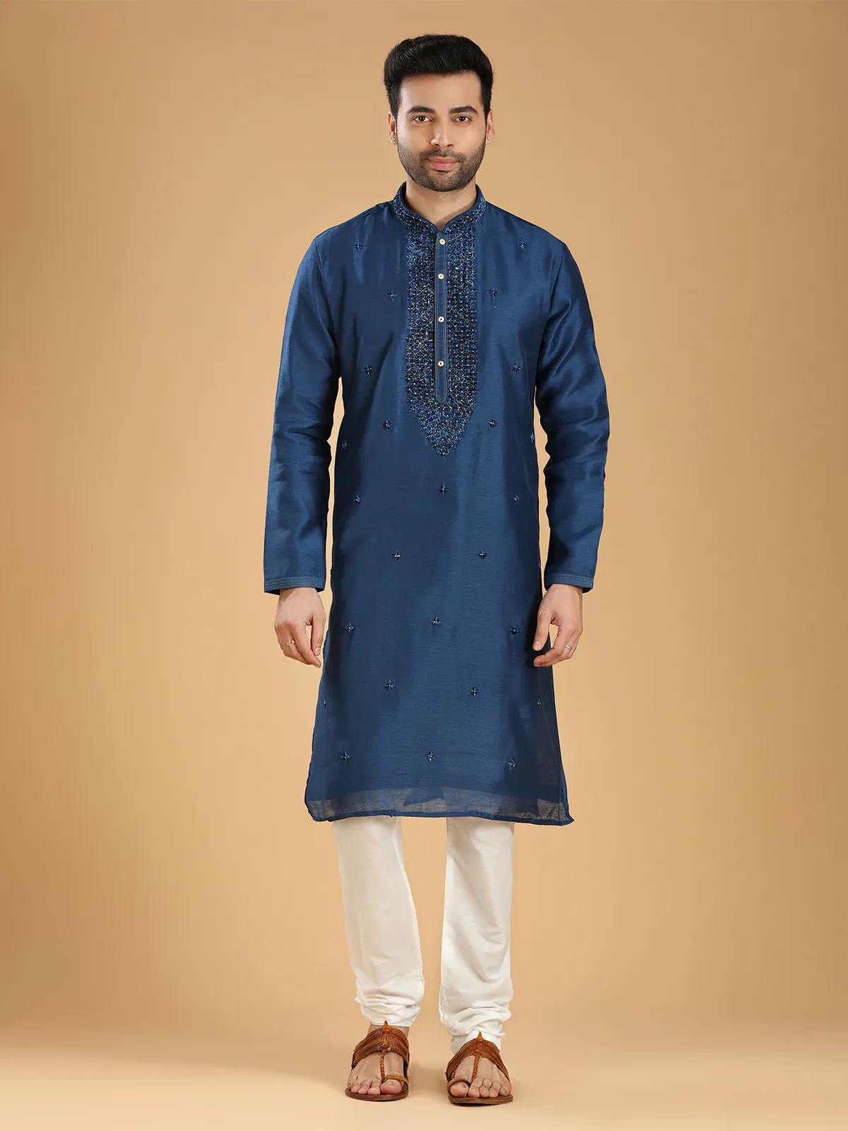 Stylish navy silk kurta suit