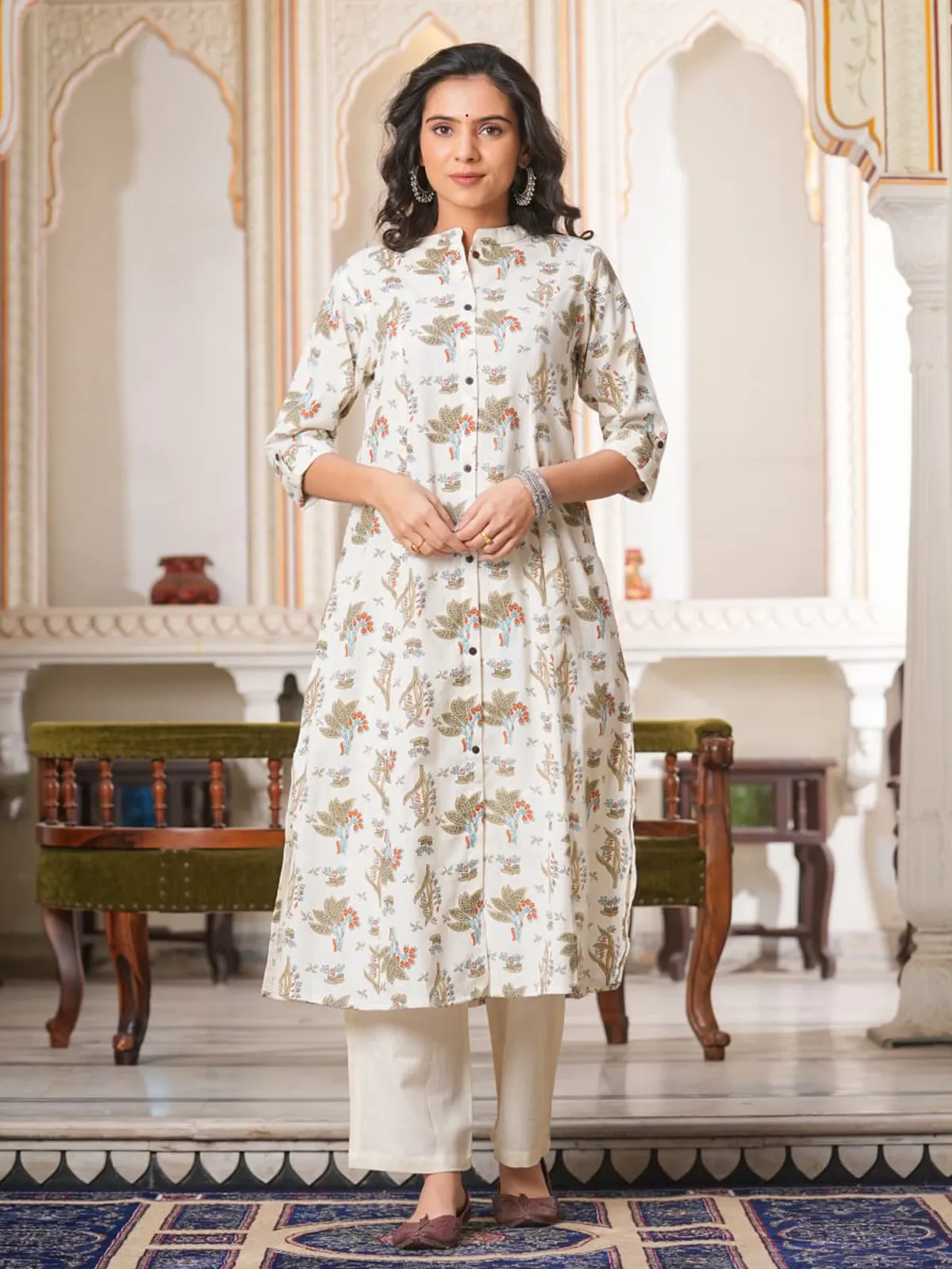 Stylish off white cotton printed kurti