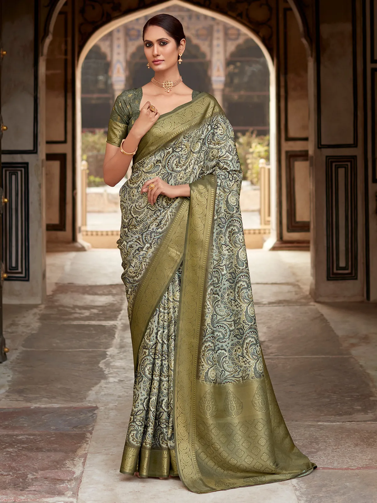 Stylish olive silk printed saree