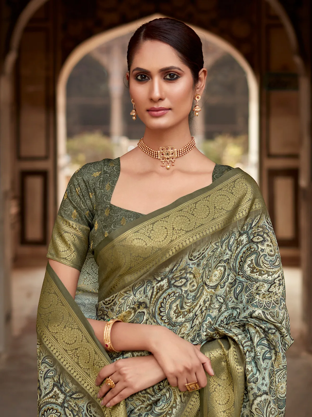 Stylish olive silk printed saree