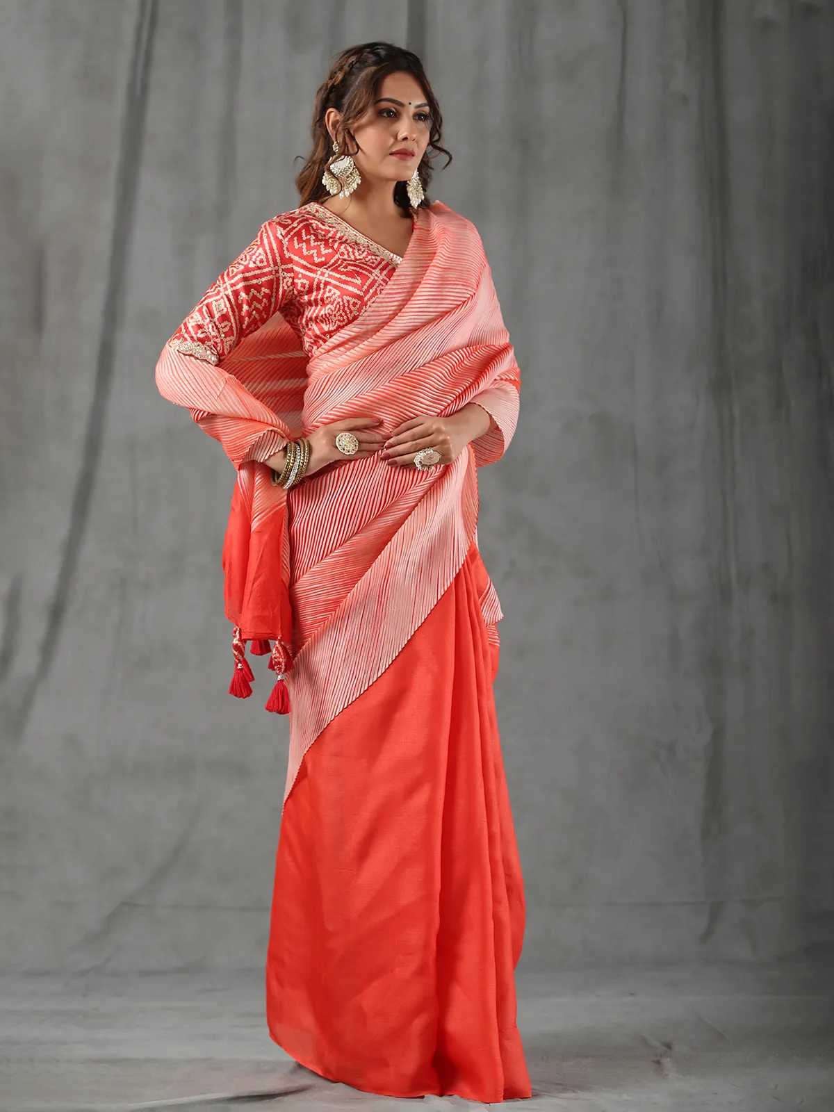 Stylish orange half n half saree