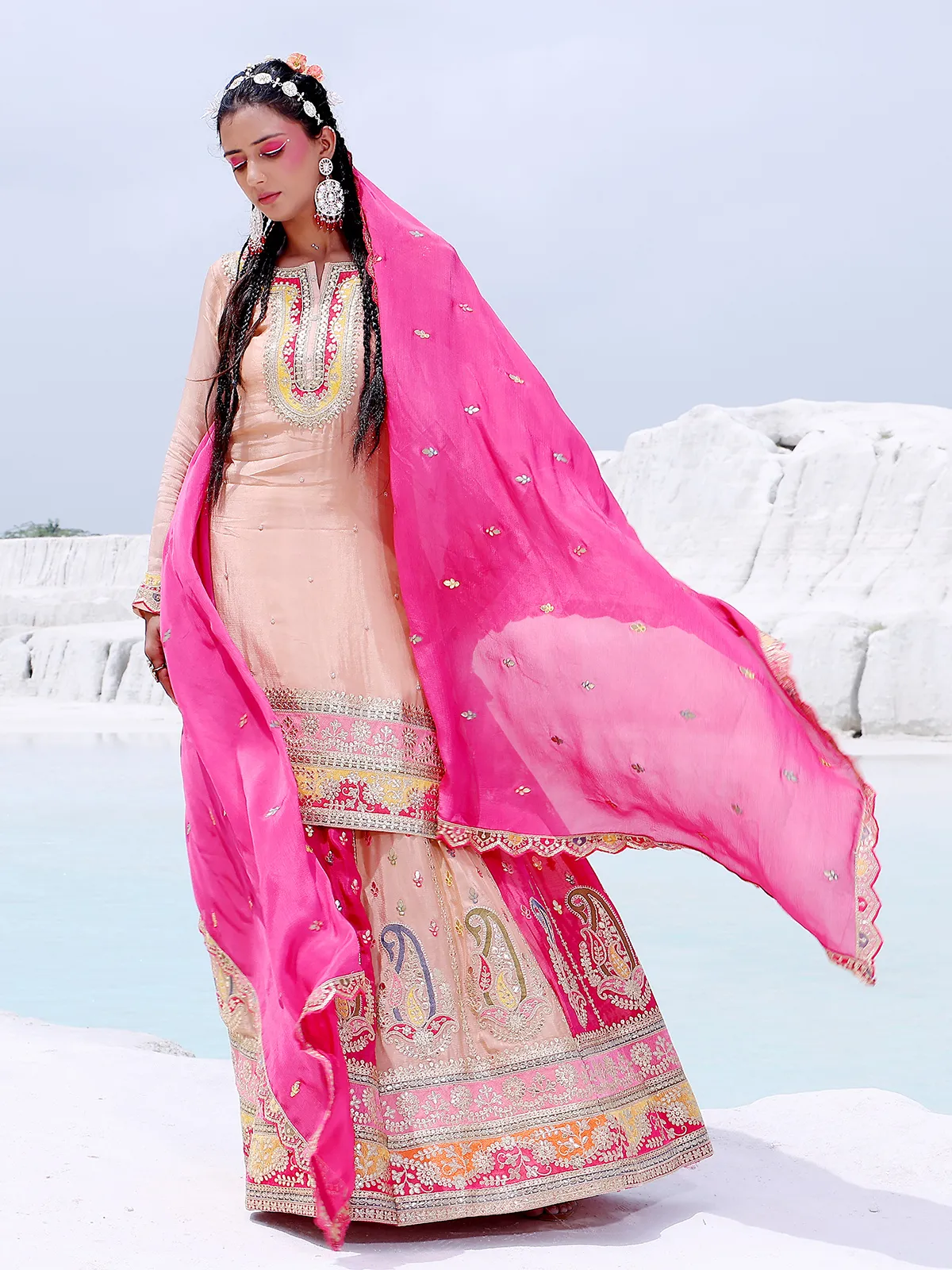 Stylish peach silk lehenga suit