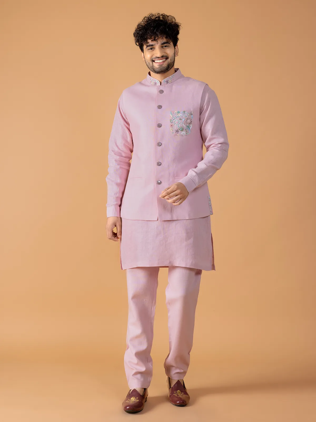 Stylish pink cotton waiscoat set