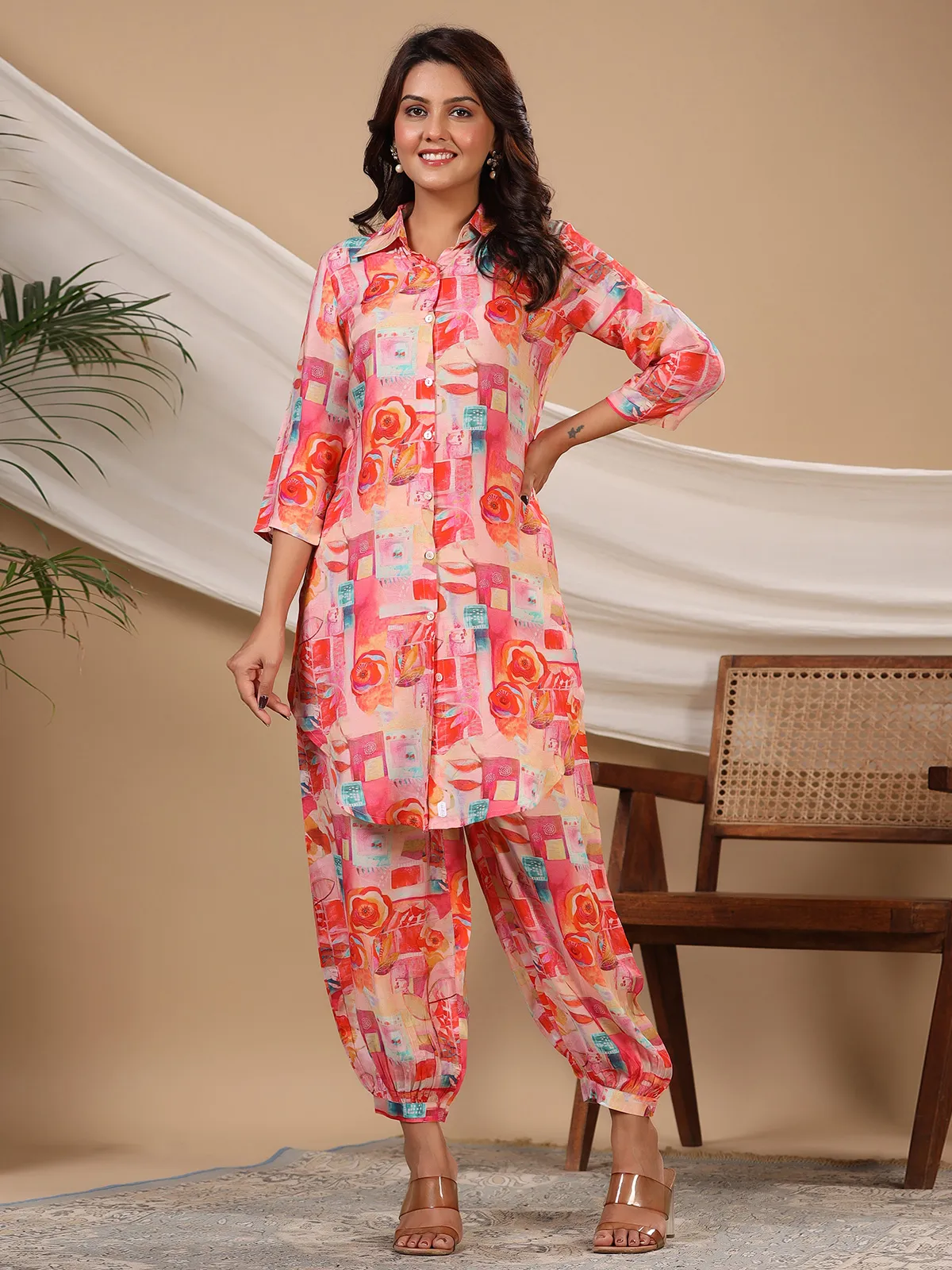 Stylish pink printed silk co ord set