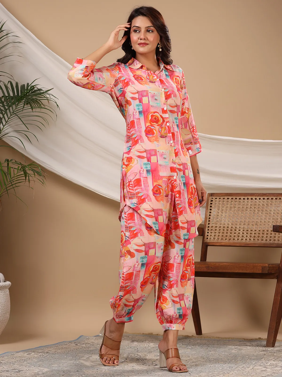 Stylish pink printed silk co ord set