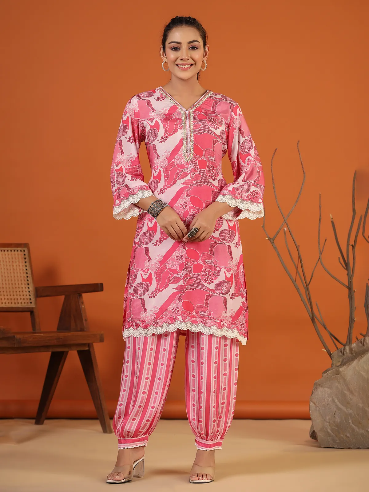 Stylish pink silk printed co ord set