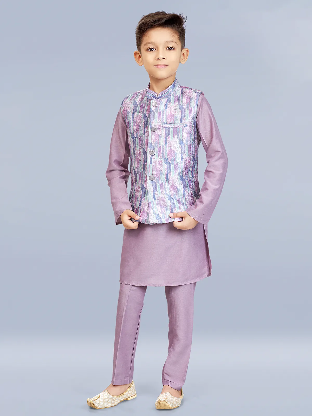 Stylish purple silk waistcoat set for boy