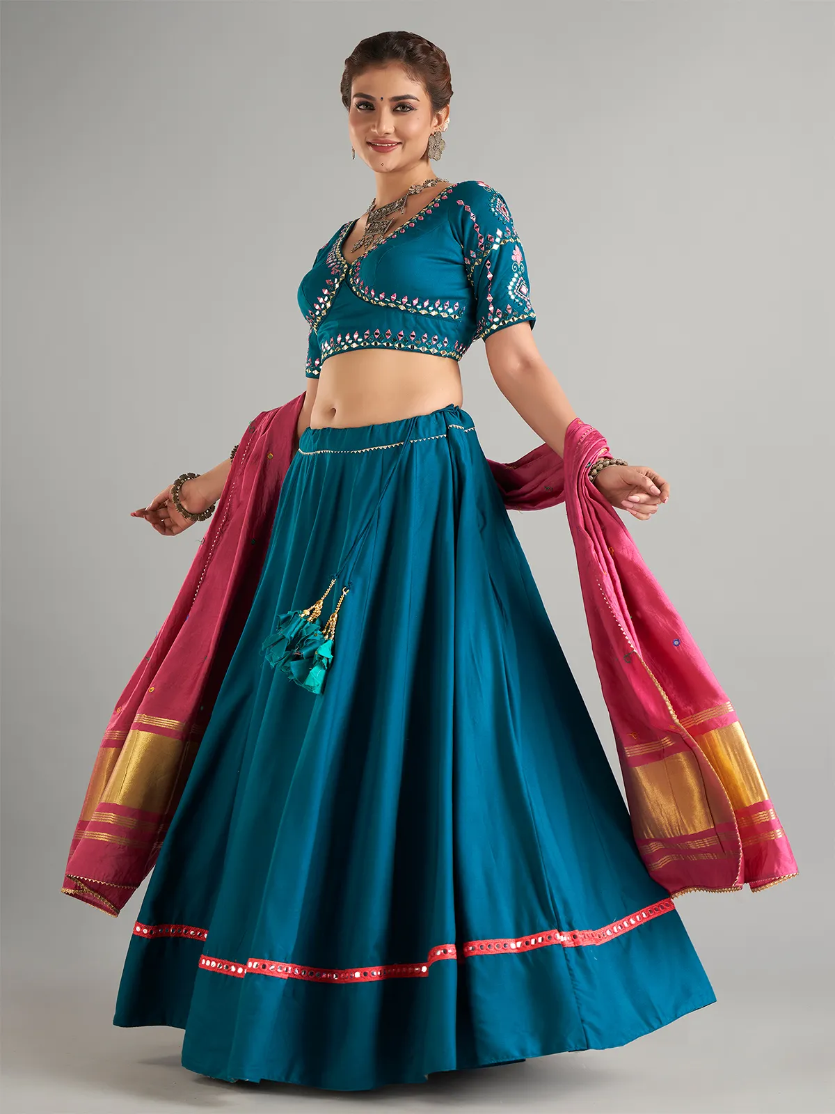 Stylish teal green cotton silk lehenga choli