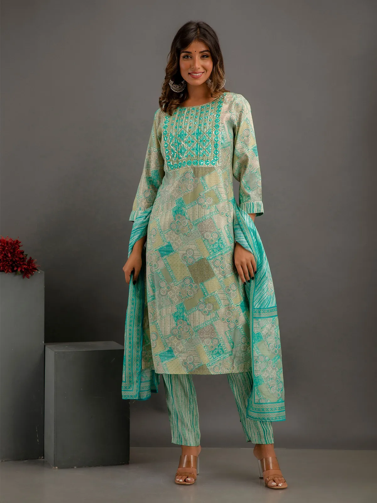 Stylish rama green cotton printed kurti set