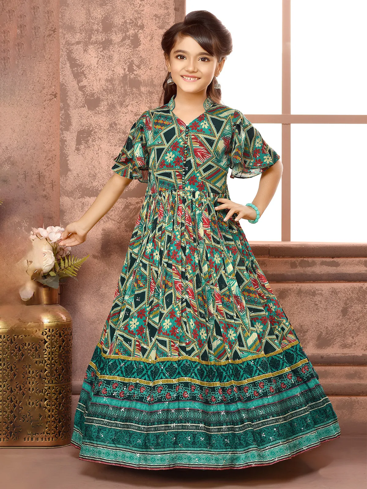 Stylish rama green printed gown