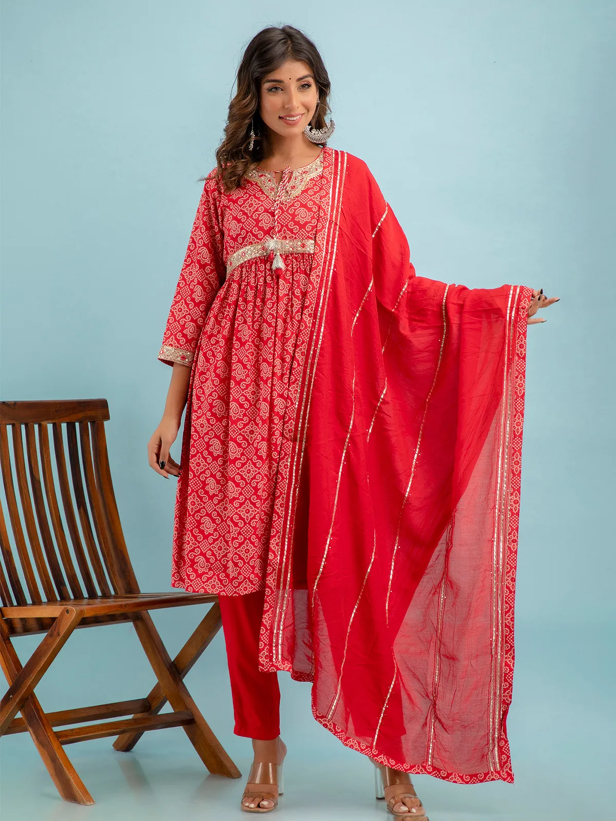 Stylish red cotton printed kurti set