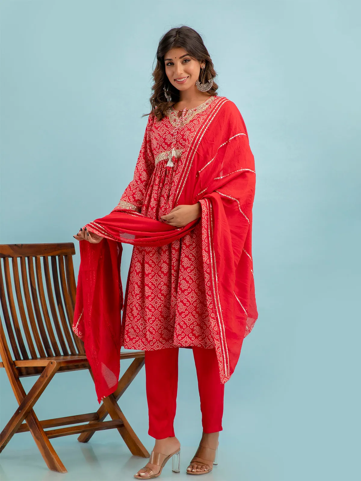 Stylish red cotton printed kurti set