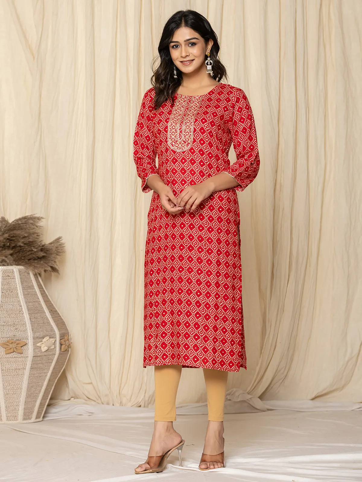 Stylish red printed kurti set in silk