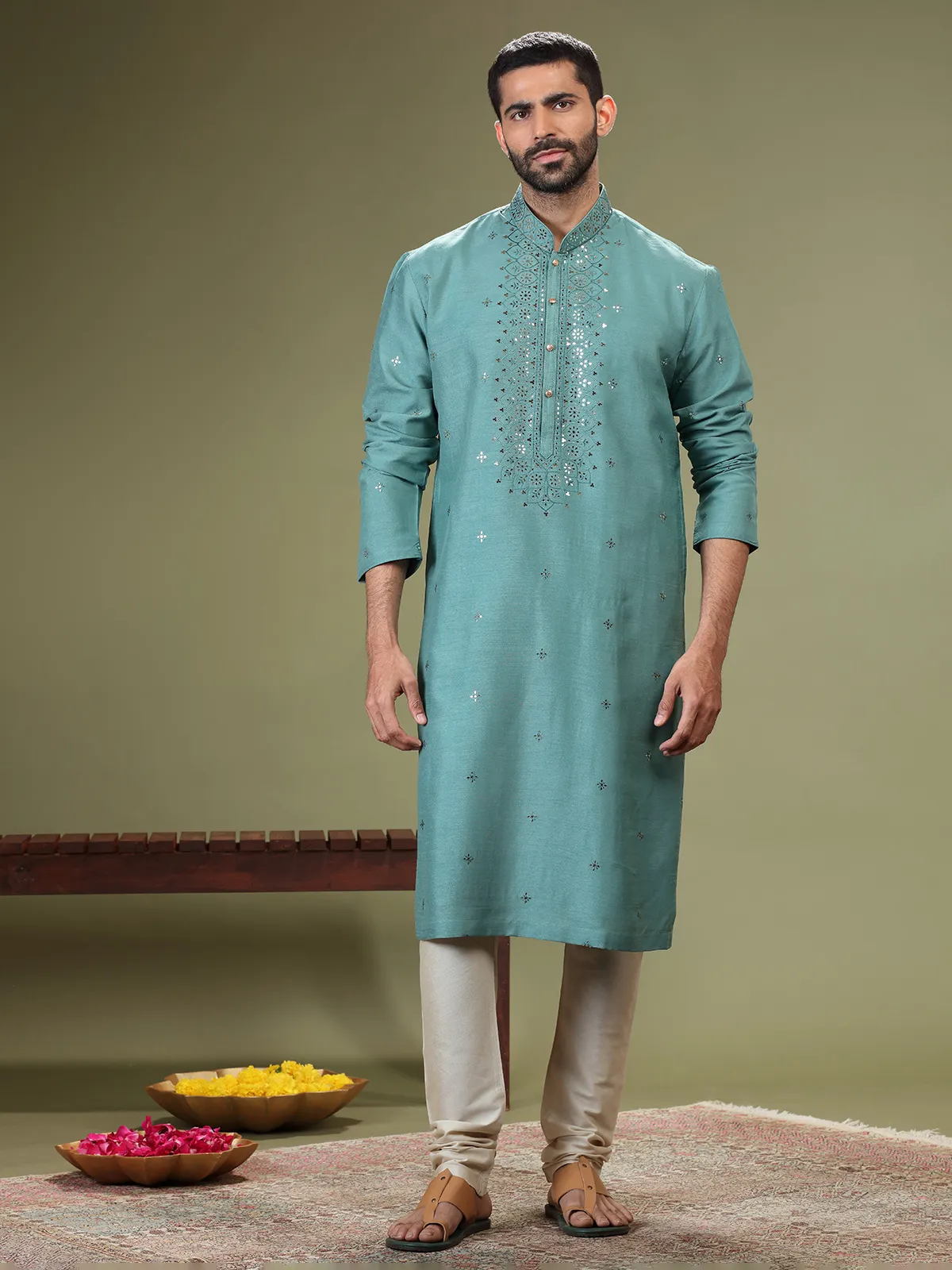 Stylish sea green silk  Men Kurta pajama for festive