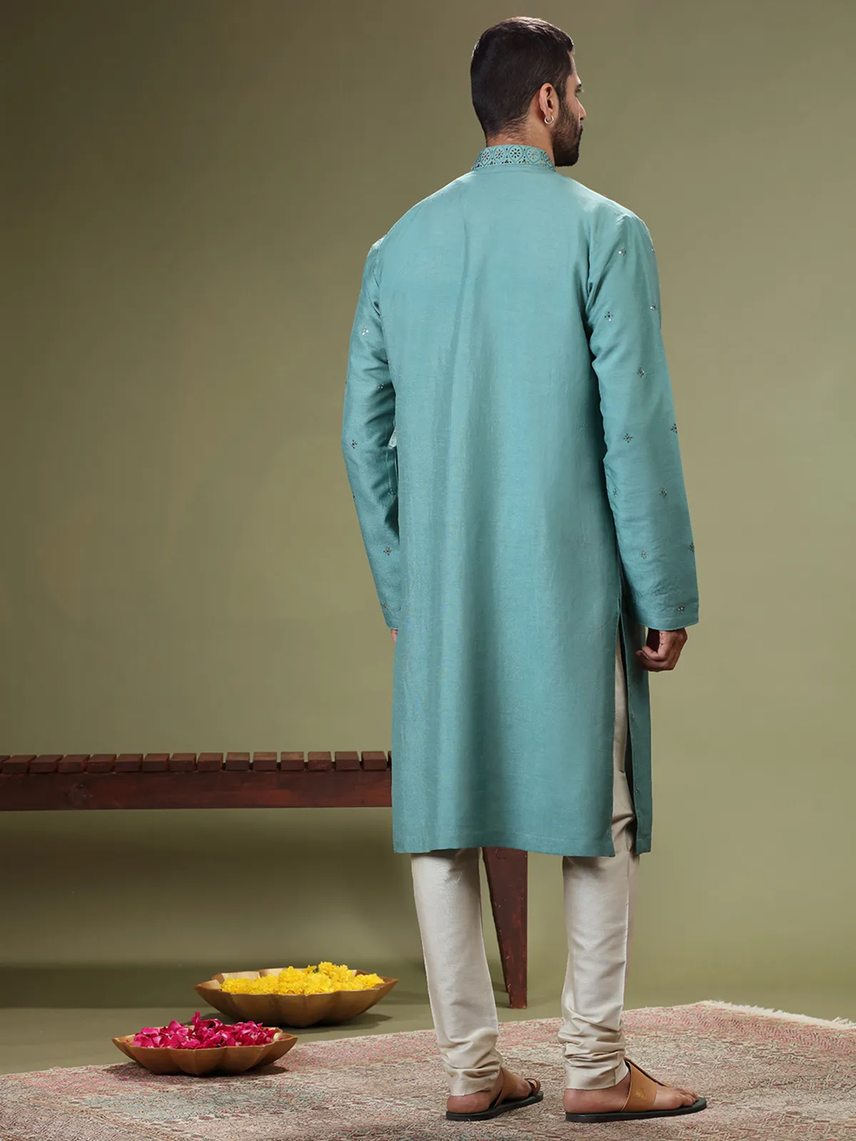 Stylish sea green silk  Men Kurta pajama for festive