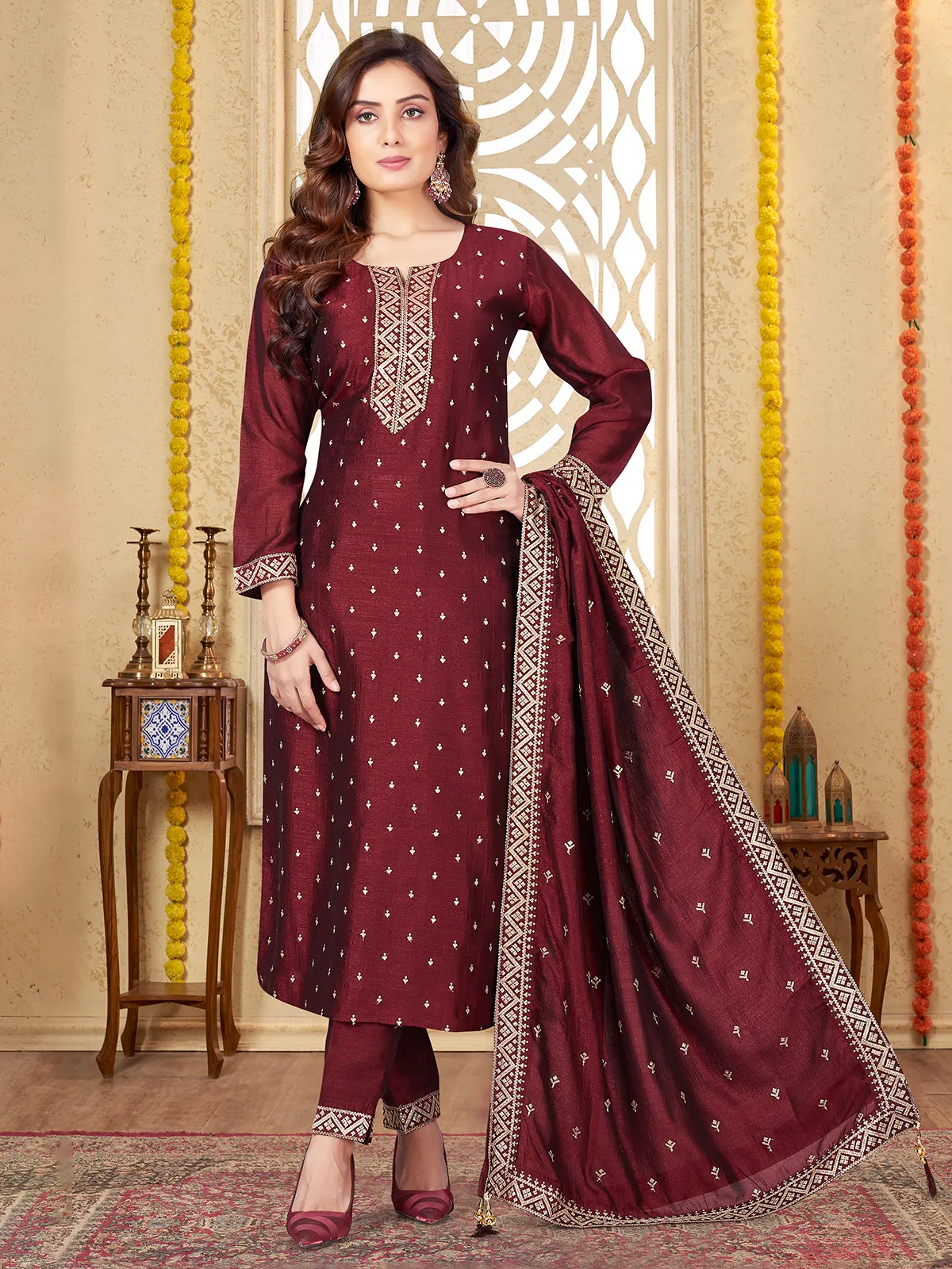 Stylish silk maroon salwar suit