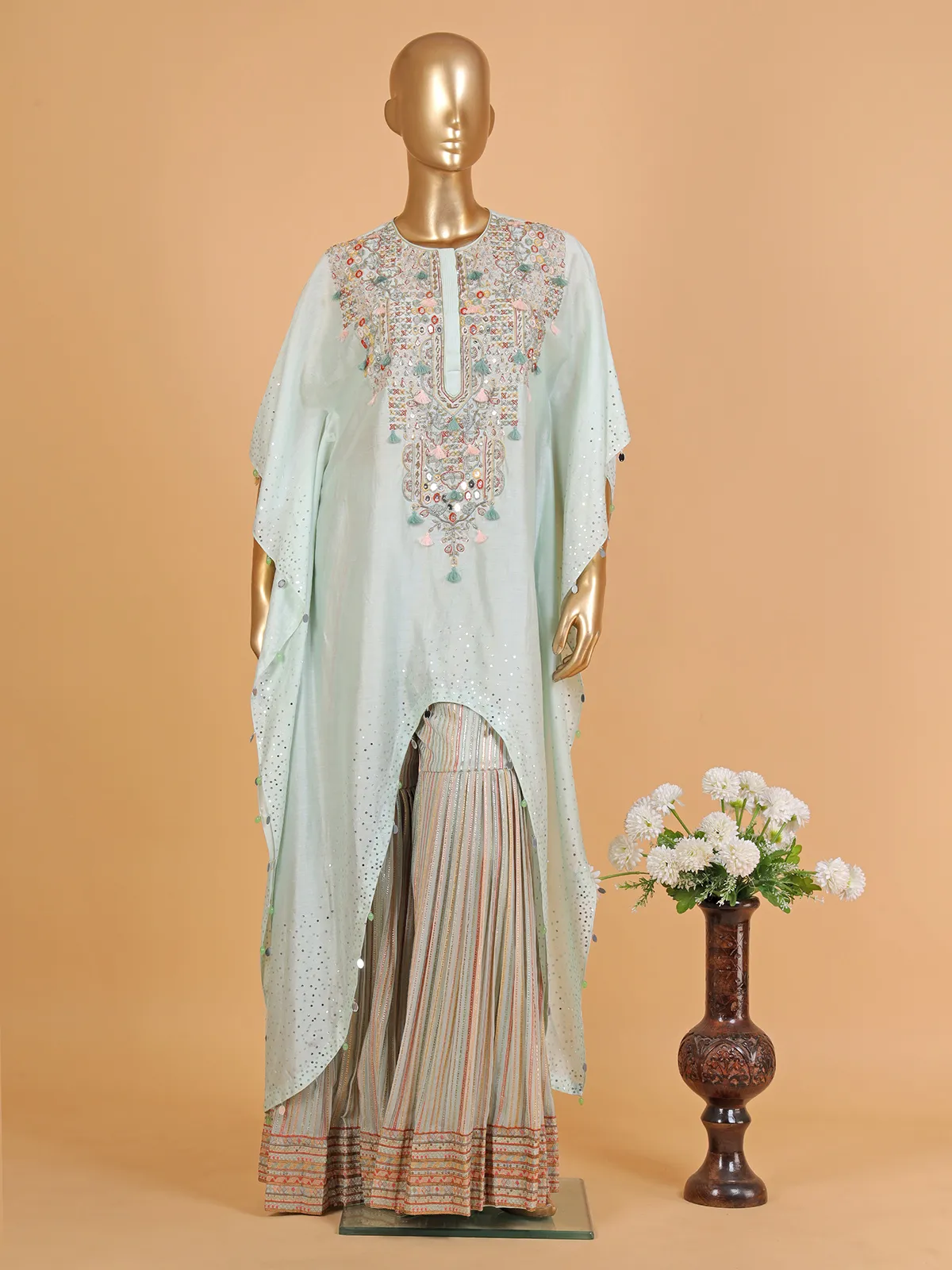 Stylish sky blue silk sharara suit