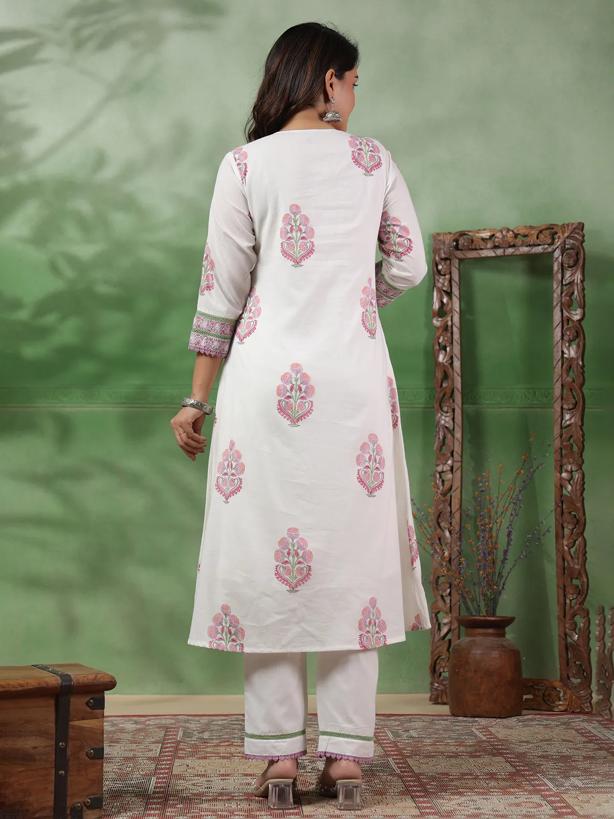 Stylish white and pink printed kurti set