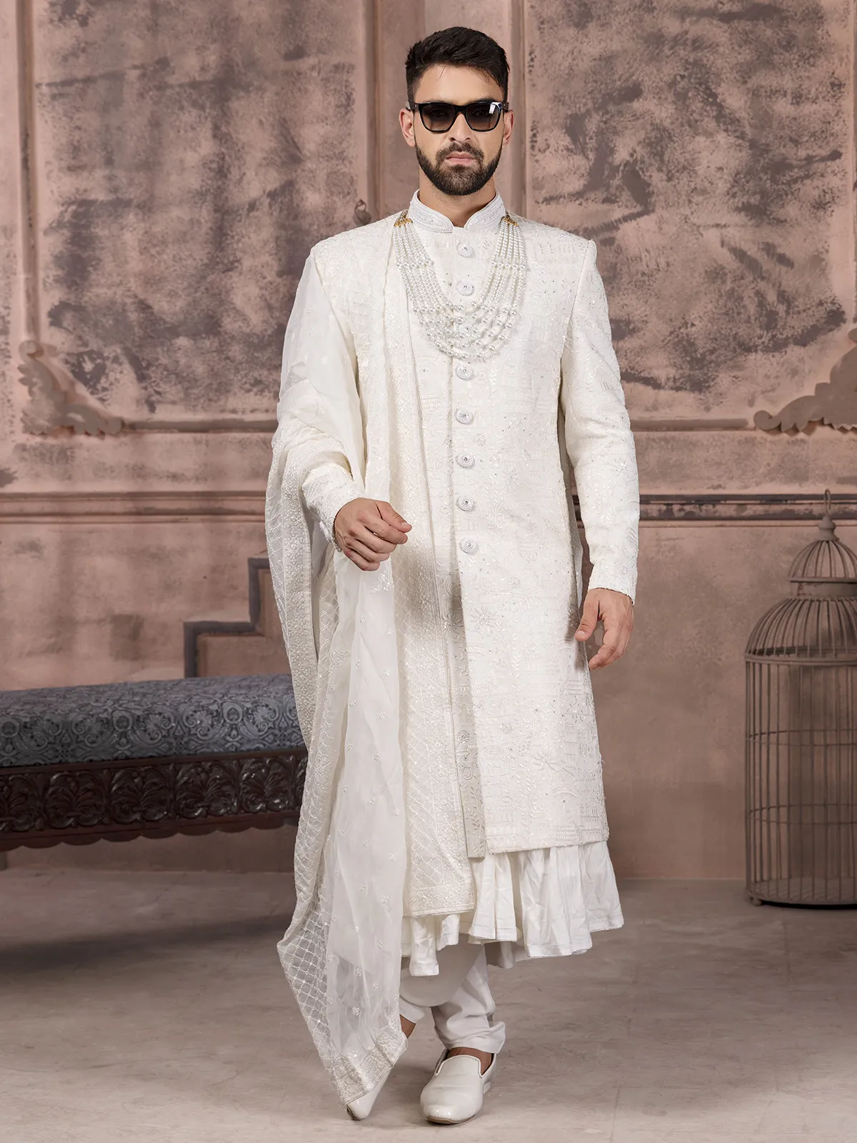 Stylish white silk sherwani